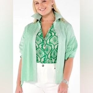 CAbi Green Striped Button Down Shirt